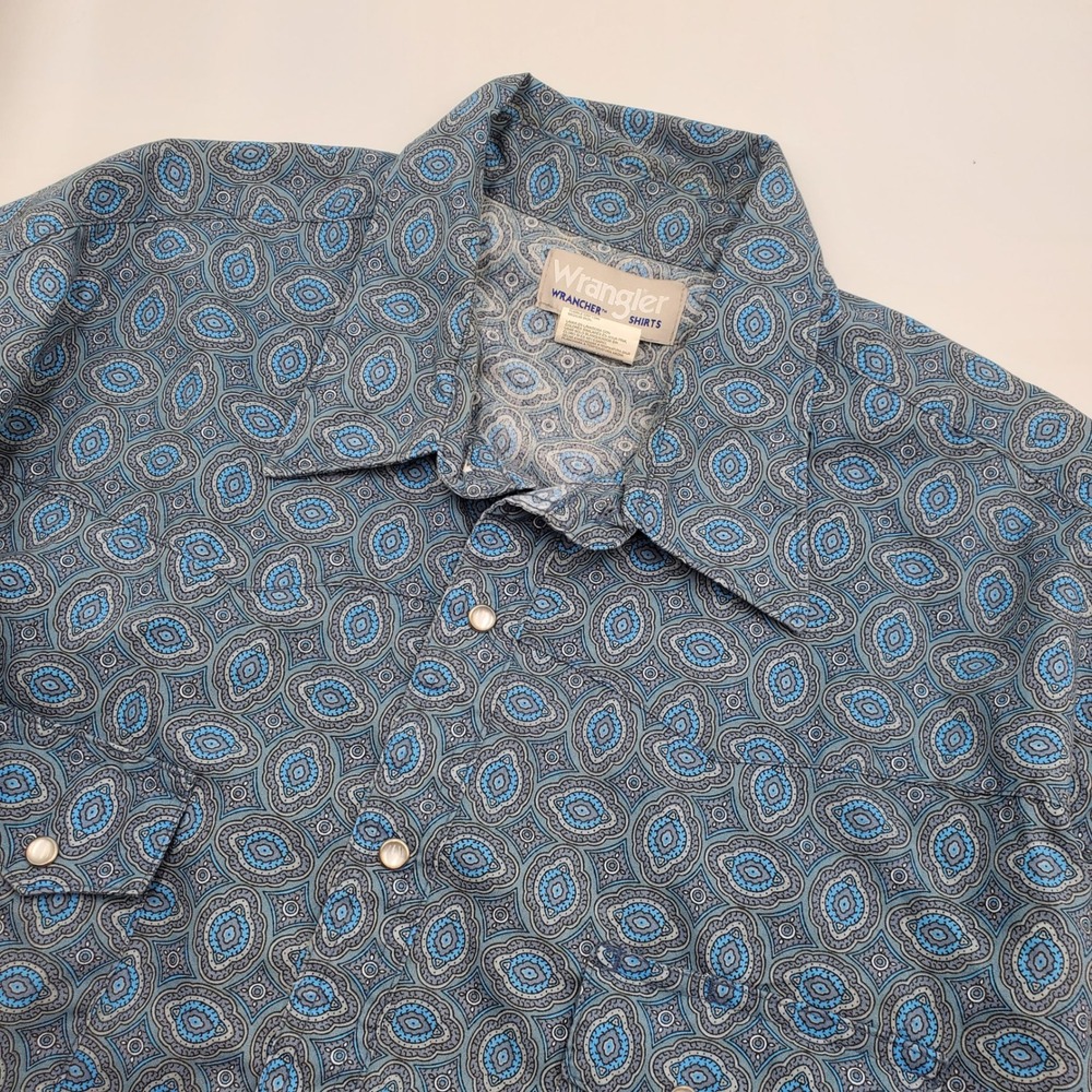 Wrangler Wrancher Mens 2XT Blue Paisley Medallion Short Sleeve Pearl Snap Shirt